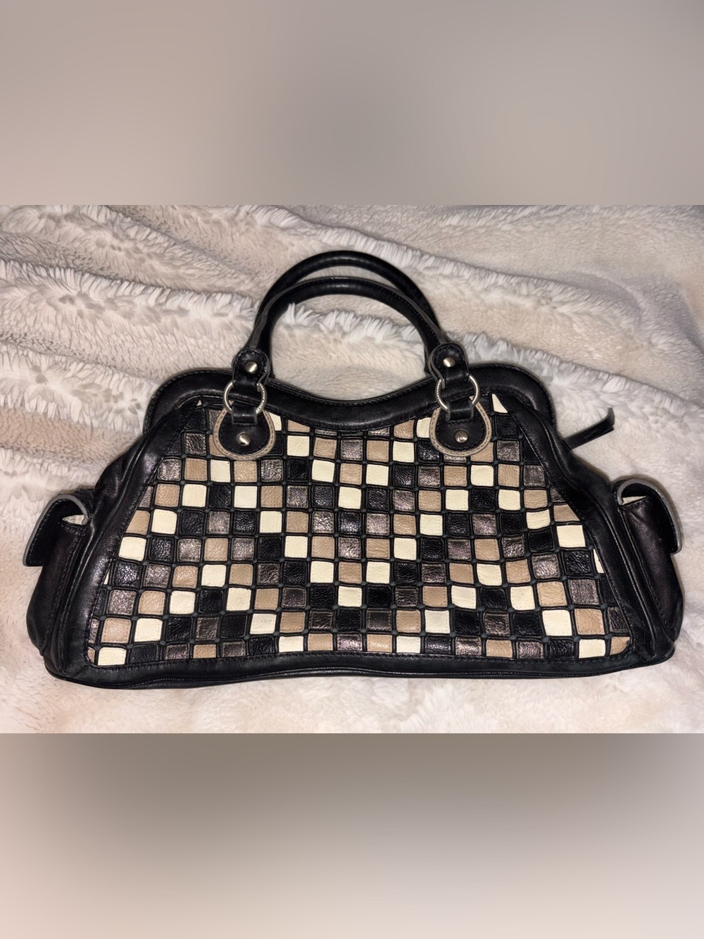 Isabella Fiore Black and Cream Checker Leather Satchel